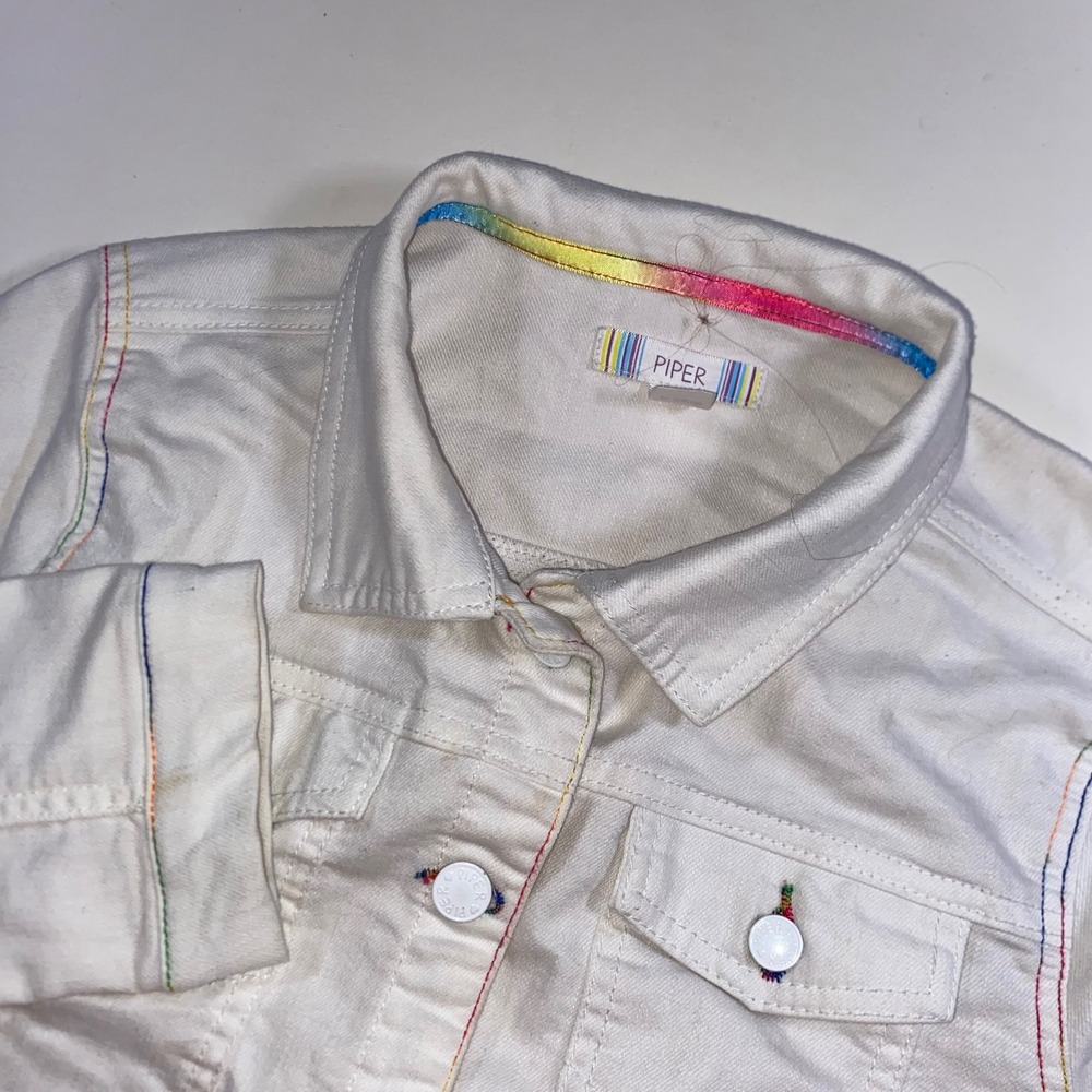 Piper Girls White Denim Jacket Rainbow Contrast Stitching Cropped Size XL 14/16